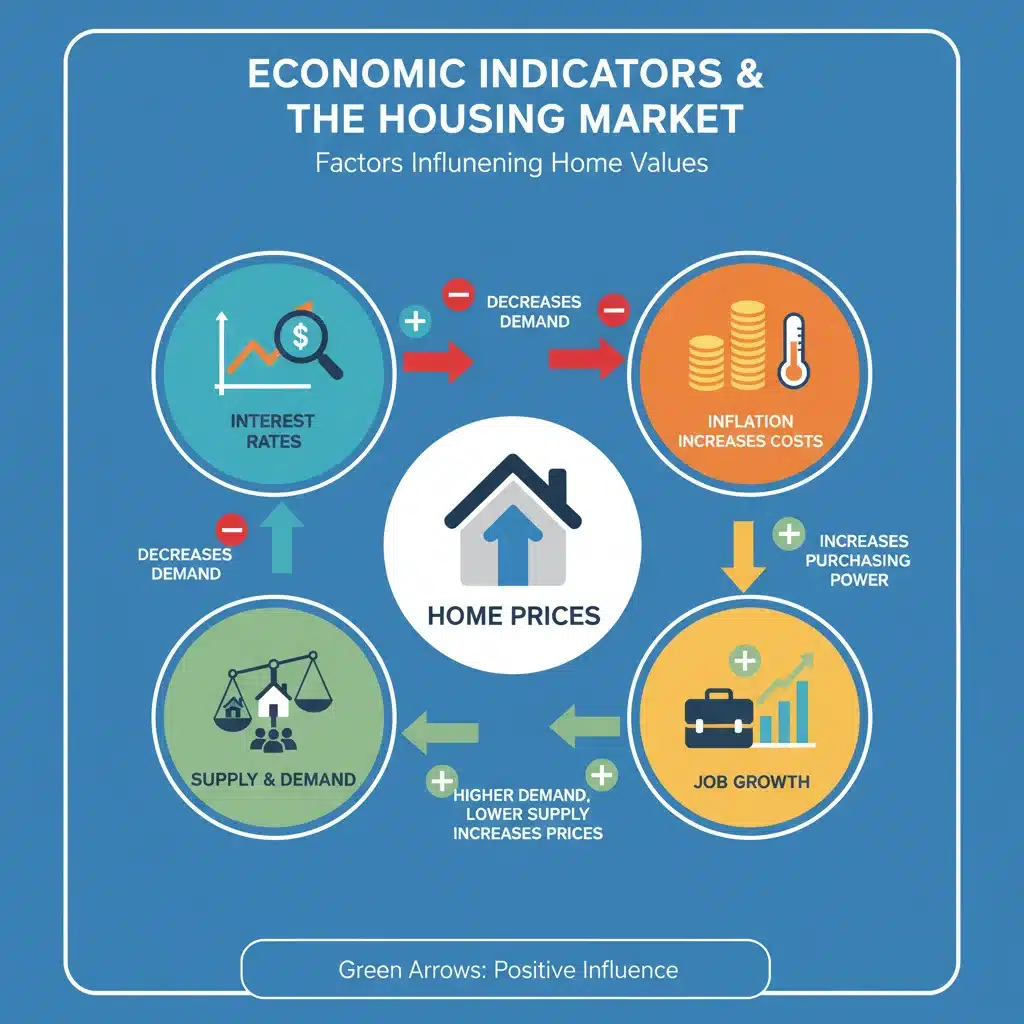 Infographic displaying economic factors influencing housing prices like interest rates and supply