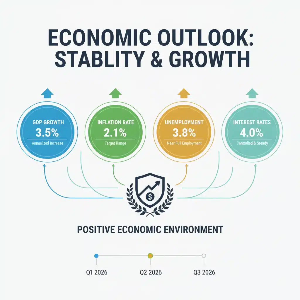 Infographic displaying key economic indicators for Q2 2026, signaling stability and growth.