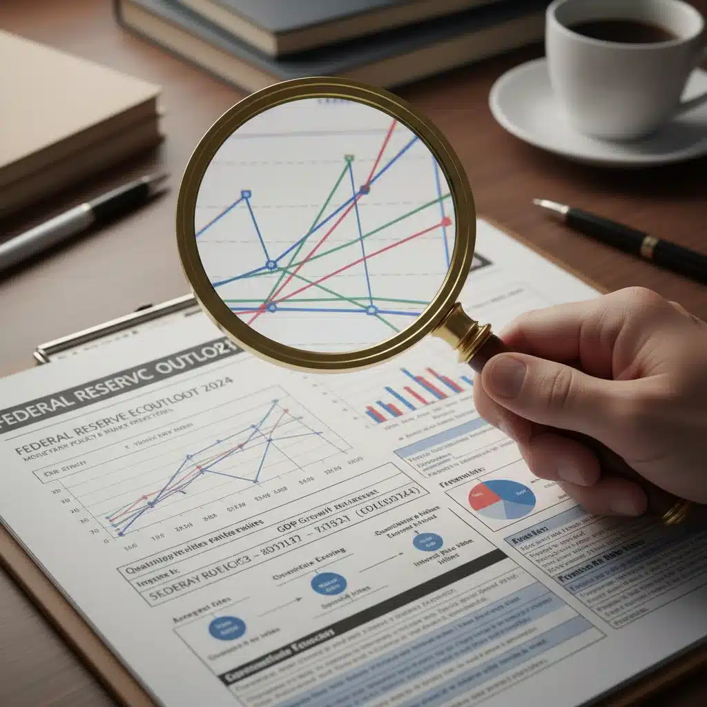 Hand with magnifying glass over economic report and financial graphs
