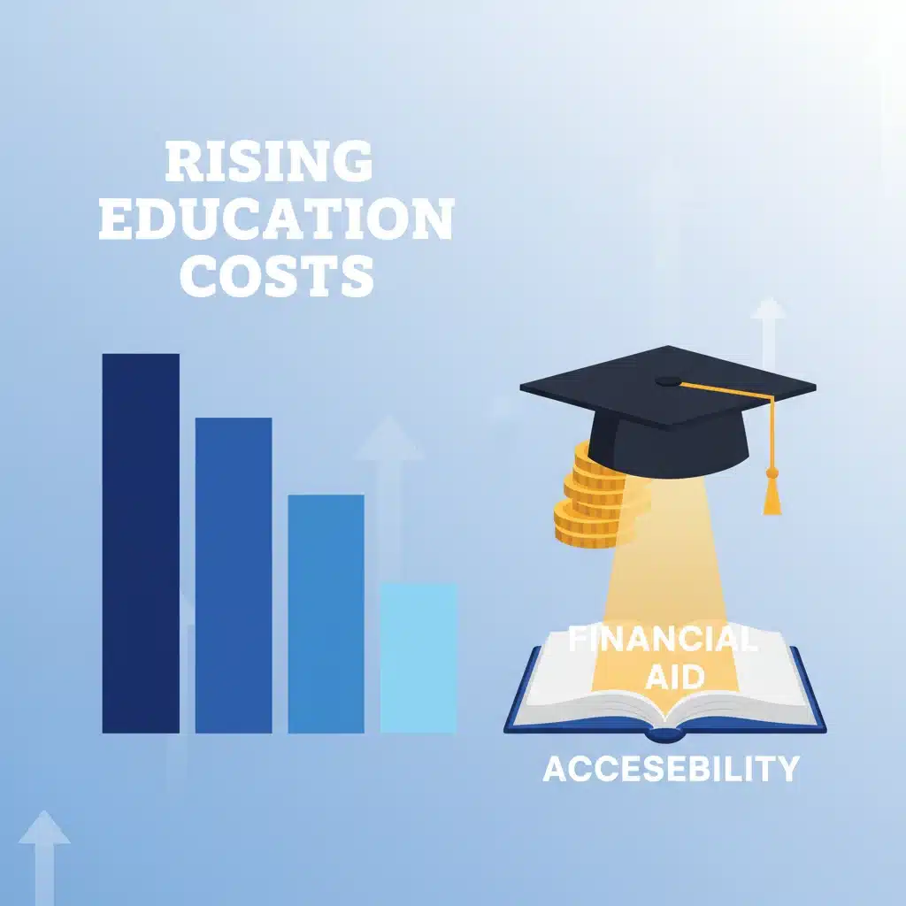Rising education costs graphic with graduation cap, symbolizing financial aid importance.