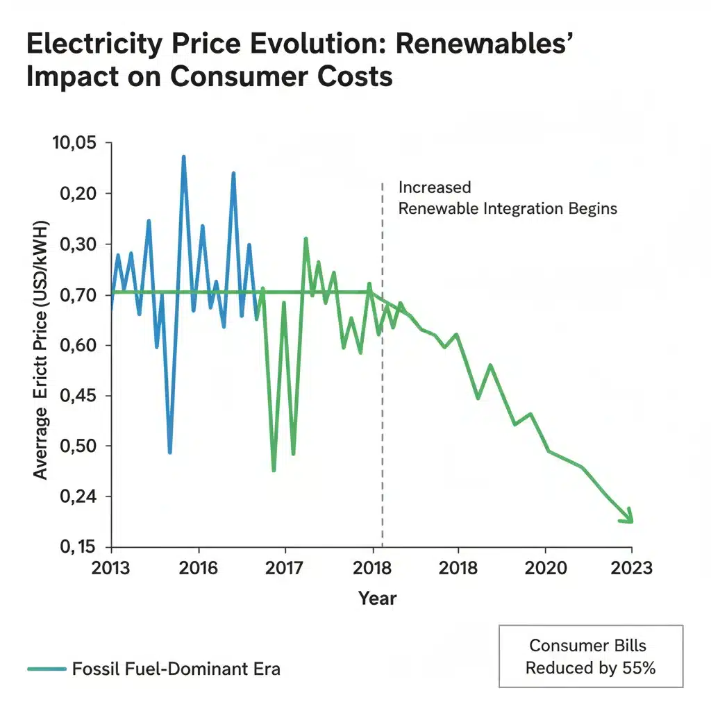 Graph showing decreasing electricity prices for consumers due to renewable energy integration.