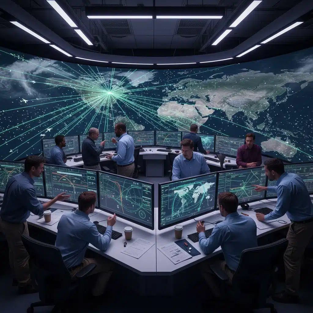 Engineers monitoring advanced air traffic control data on screens.