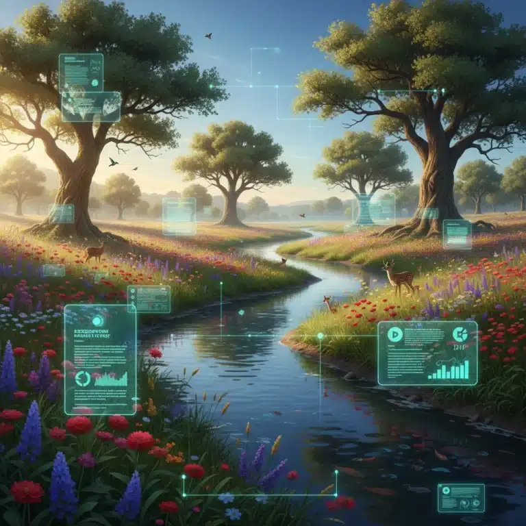 Lush green forest with clear river, wildlife, and abstract data graphics representing environmental report findings.