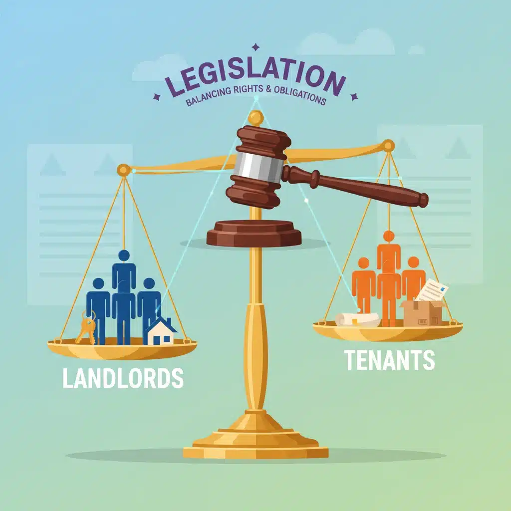 Balanza de justicia con propietario e inquilino en cada lado, y un mazo de juez, simbolizando el equilibrio de la ley de vivienda.