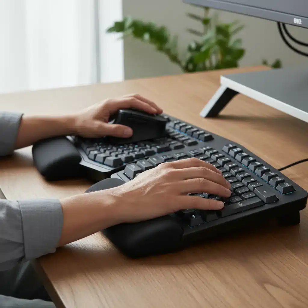 Hands on ergonomic keyboard and mouse with wrist rest