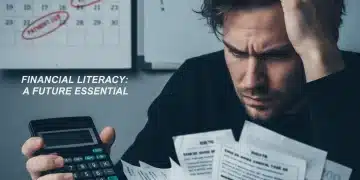 Persona estresada con calculadora y facturas, un símbolo de la mala educación financiera personal.