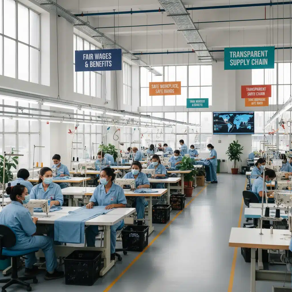Ethical garment factory interior with happy workers and fair labor practices highlighted.