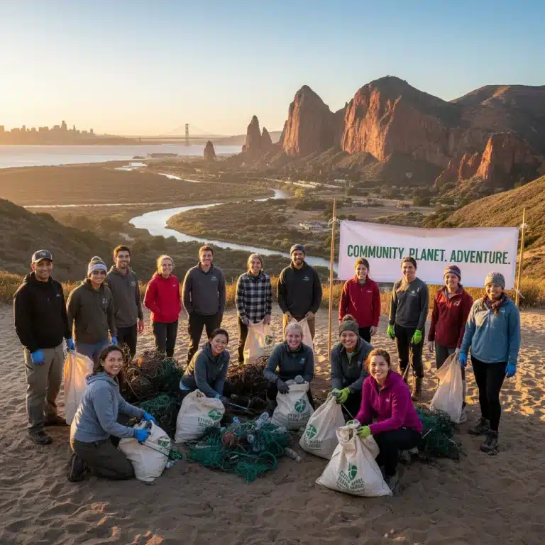 Group of diverse travelers engaging in ethical tourism activities in a scenic US landscape