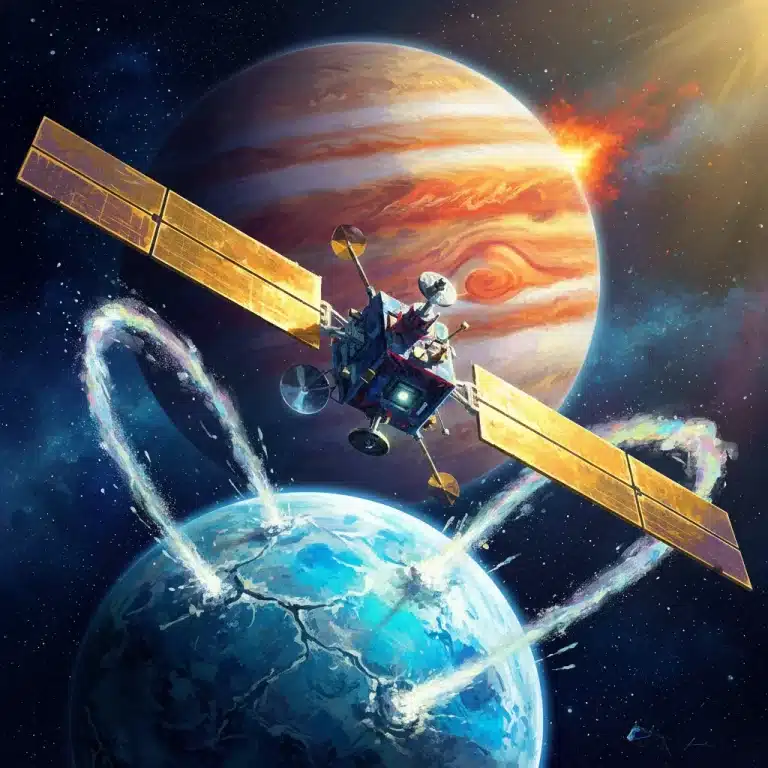 Europa Clipper spacecraft orbiting icy moon Europa with plumes and Jupiter in background