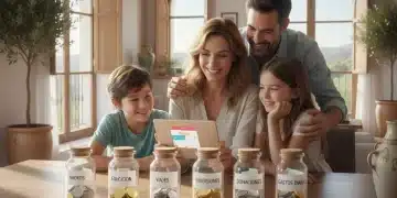 Family reviewing budget with six financial jars