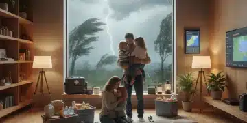 Family preparing for hurricane inside secure home