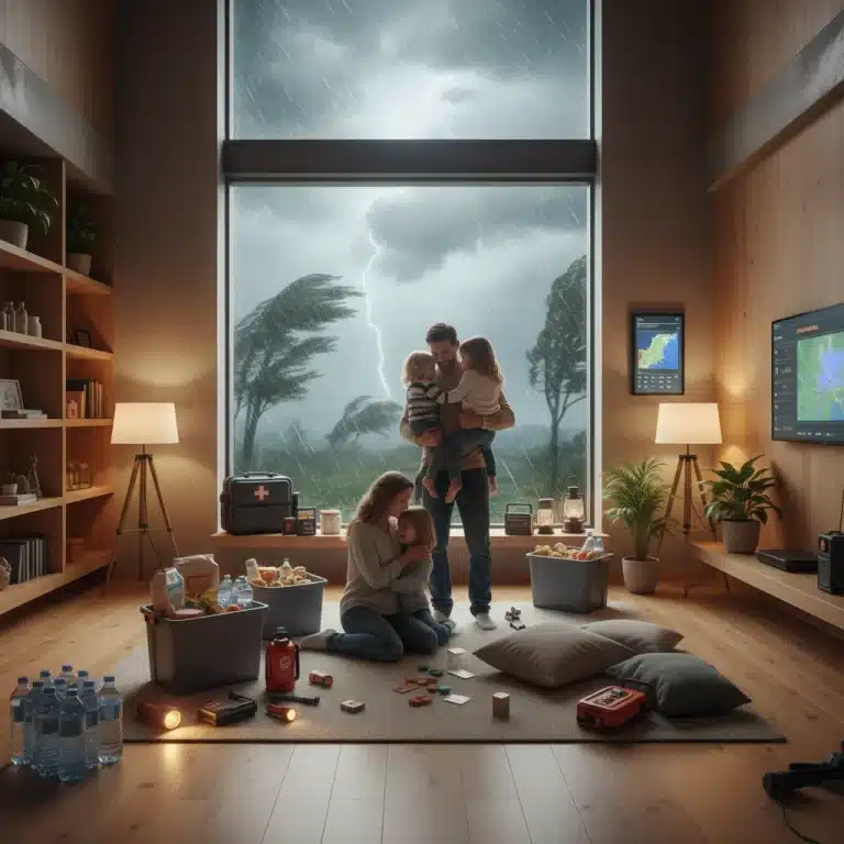 Family preparing for hurricane inside secure home
