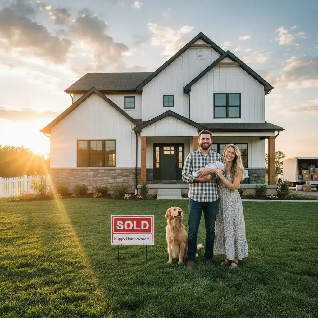 Young family with baby in front of new home