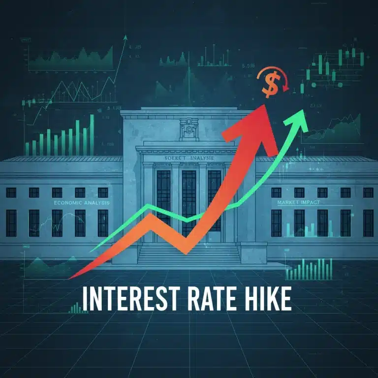 Federal Reserve building with upward arrow symbolizing interest rate hike and financial charts