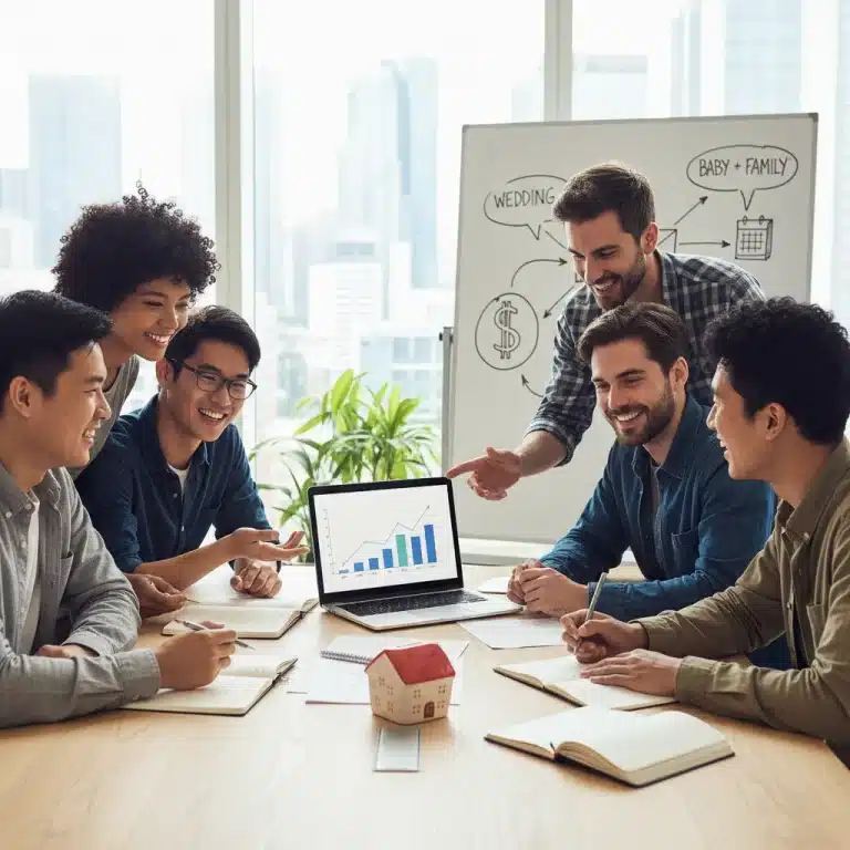 Group of young adults planning finances for 2026 life events