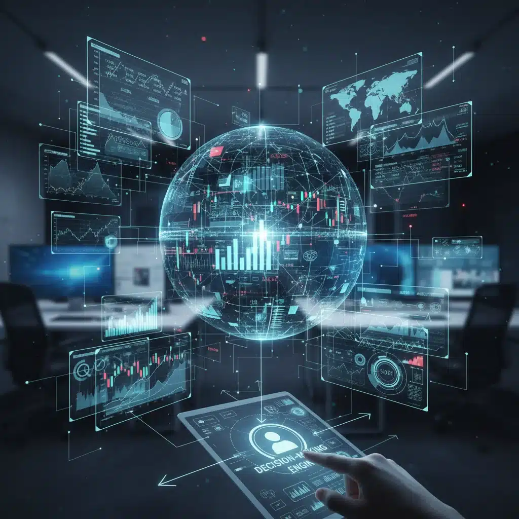 Financial data network with graphs representing risk assessment.