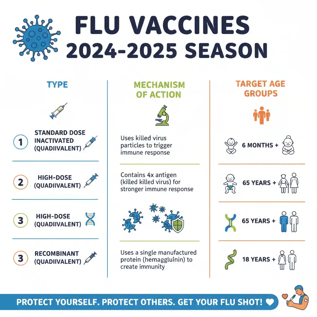 Infographic detailing various flu vaccine types and their benefits