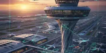 Futuristic air traffic control tower overseeing a busy airport, symbolizing next-gen systems.