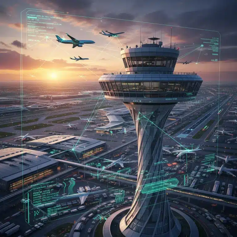 Futuristic air traffic control tower overseeing a busy airport, symbolizing next-gen systems.