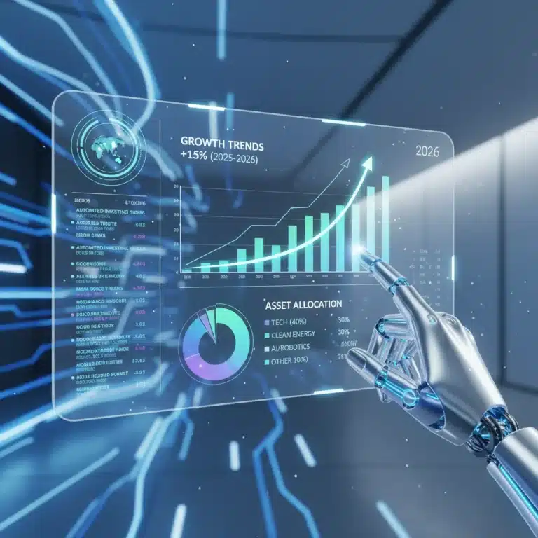Futuristic digital interface showing financial growth with a robotic arm, representing automated investing and robo-advisors in 2026.