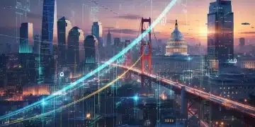 Futuristic cityscape with digital networks representing technology's impact on US economic growth by 2026.