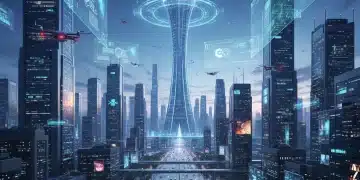 Futuristic cityscape with glowing digital interfaces and autonomous vehicles, representing advanced technology.