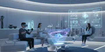 Family enjoying futuristic home entertainment with VR, holograms, and smart home tech.