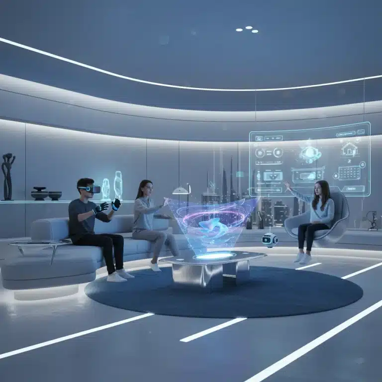 Family enjoying futuristic home entertainment with VR, holograms, and smart home tech.