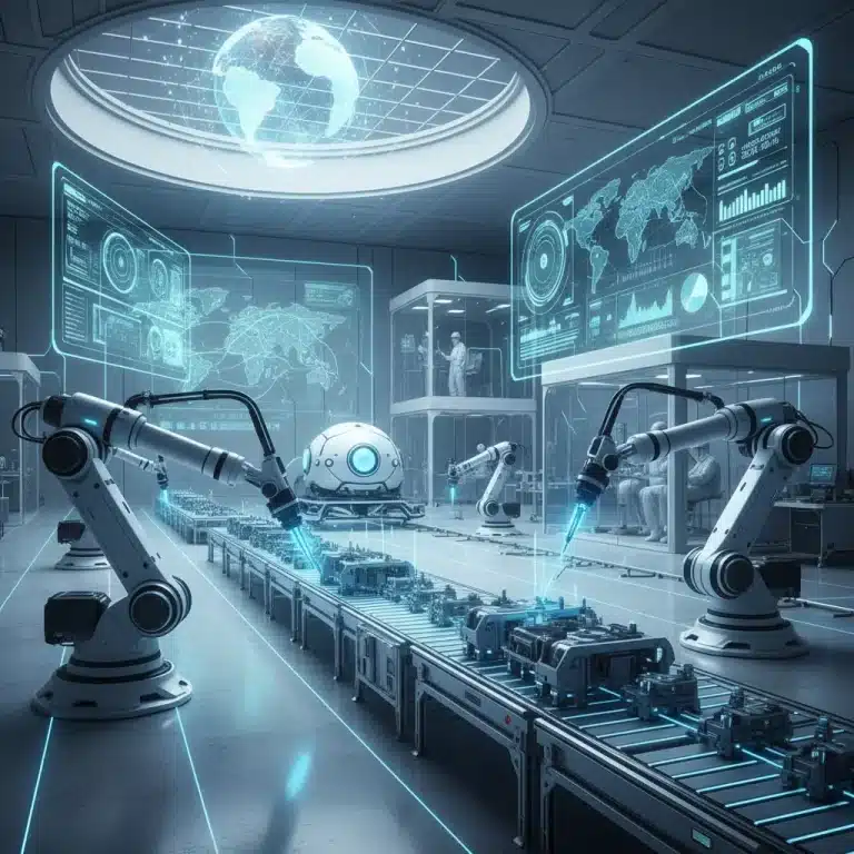 Futuristic manufacturing facility with robots and data screens