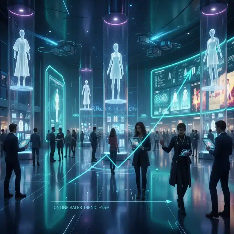 Futuristic retail store with digital displays showing online sales growth