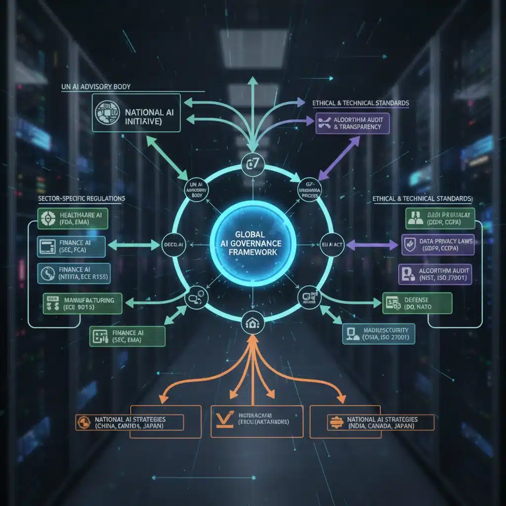 Complex flowchart showing interconnected regulatory bodies and their influence on AI development across sectors.