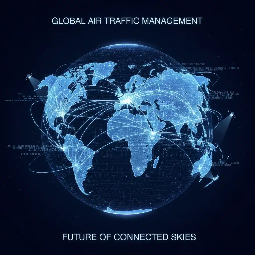 Global interconnected air traffic networks with digital data streams.