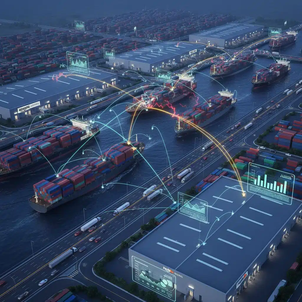 Global supply chain network with containers and digital connections