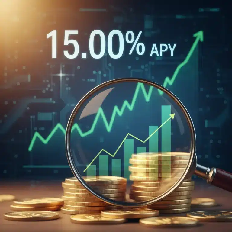 Golden coins and magnifying glass on a financial chart, symbolizing high-yield savings growth.