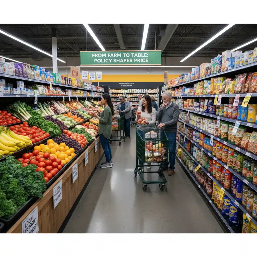 Grocery store aisle with various food products, demonstrating the link between farm policy and consumer food costs.