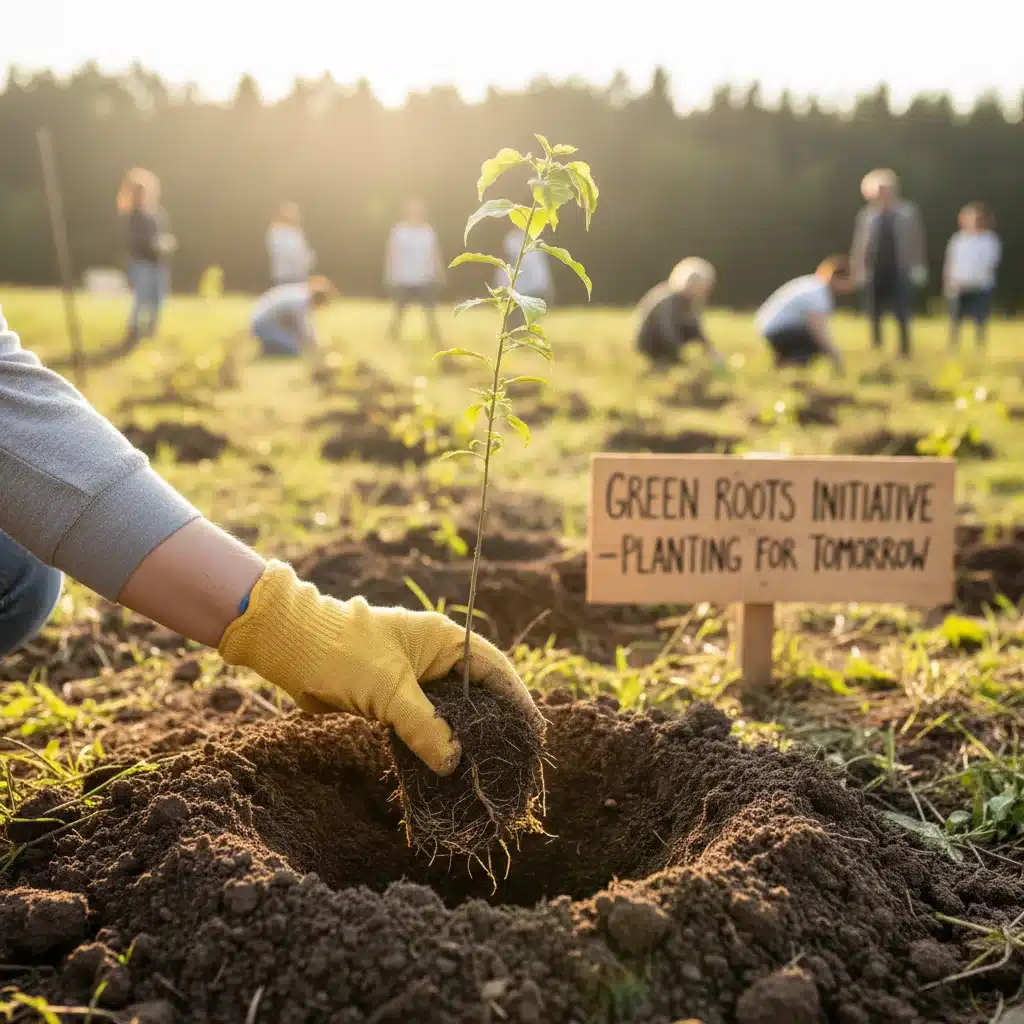 Hand planting a small tree seedling in fertile soil, symbolizing reforestation and community involvement.