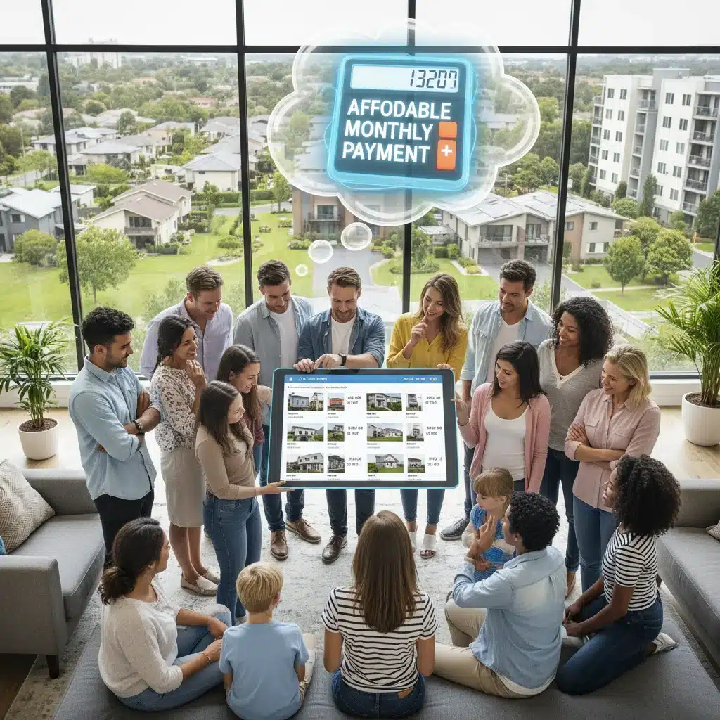 Diverse homebuyers exploring housing options and calculating affordable mortgage payments.