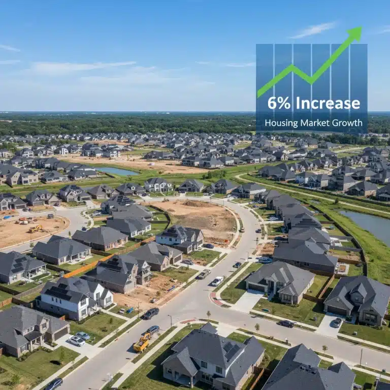Suburban housing development with a 6% home price increase graph overlay