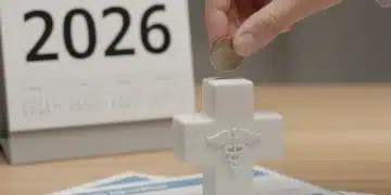 Hand placing coins into a healthcare savings piggy bank with 2026 calendar in background