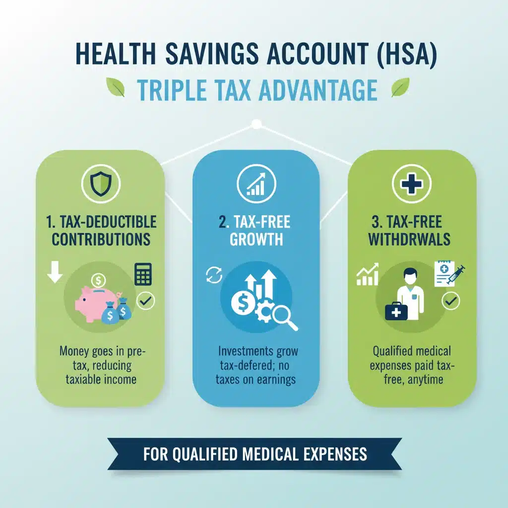 Infographic showing triple tax advantage of Health Savings Accounts