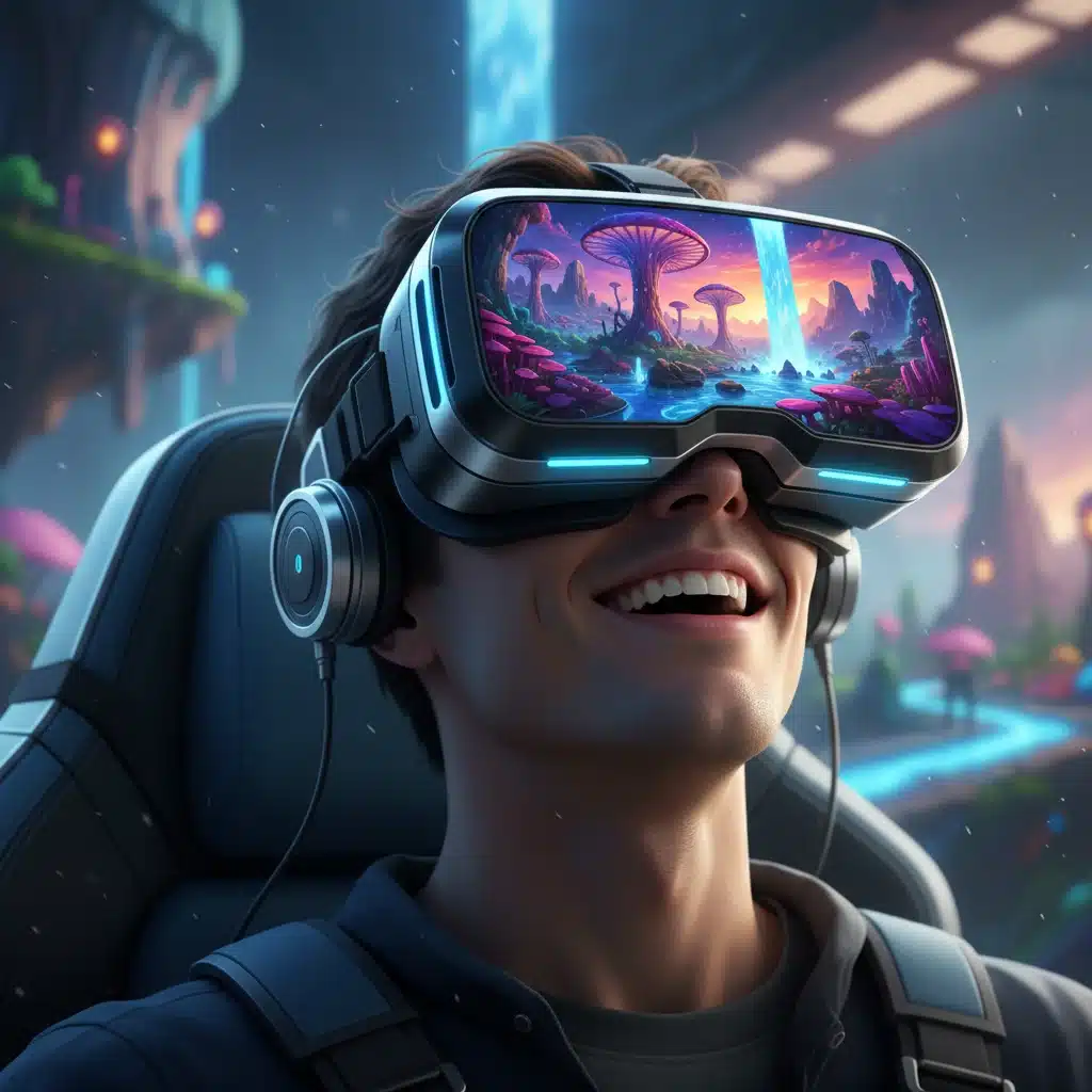 Person immersed in high-fidelity virtual reality experience with advanced VR goggles.