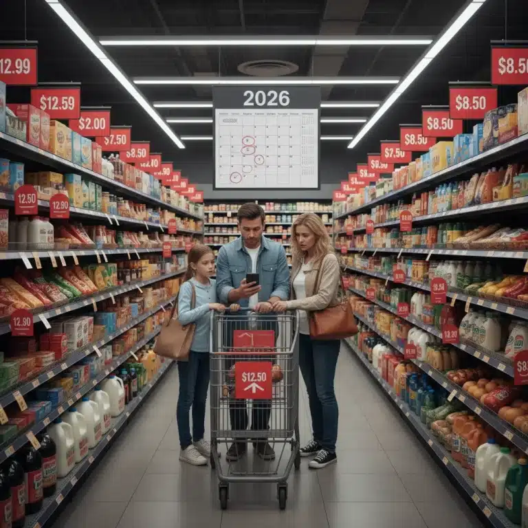 Family budgeting amidst rising prices, symbolizing the impact of 3% inflation on consumer spending in 2026.