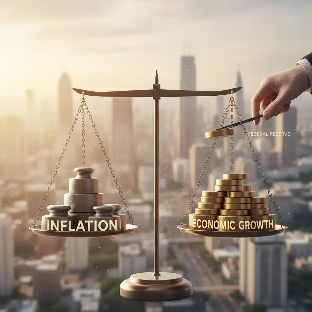 Balanced scale representing inflation and economic growth influenced by Federal Reserve