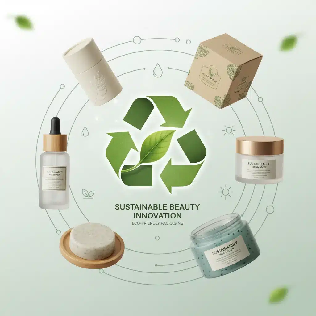 Innovative sustainable beauty packaging materials like bamboo, glass, and recycled plastic.