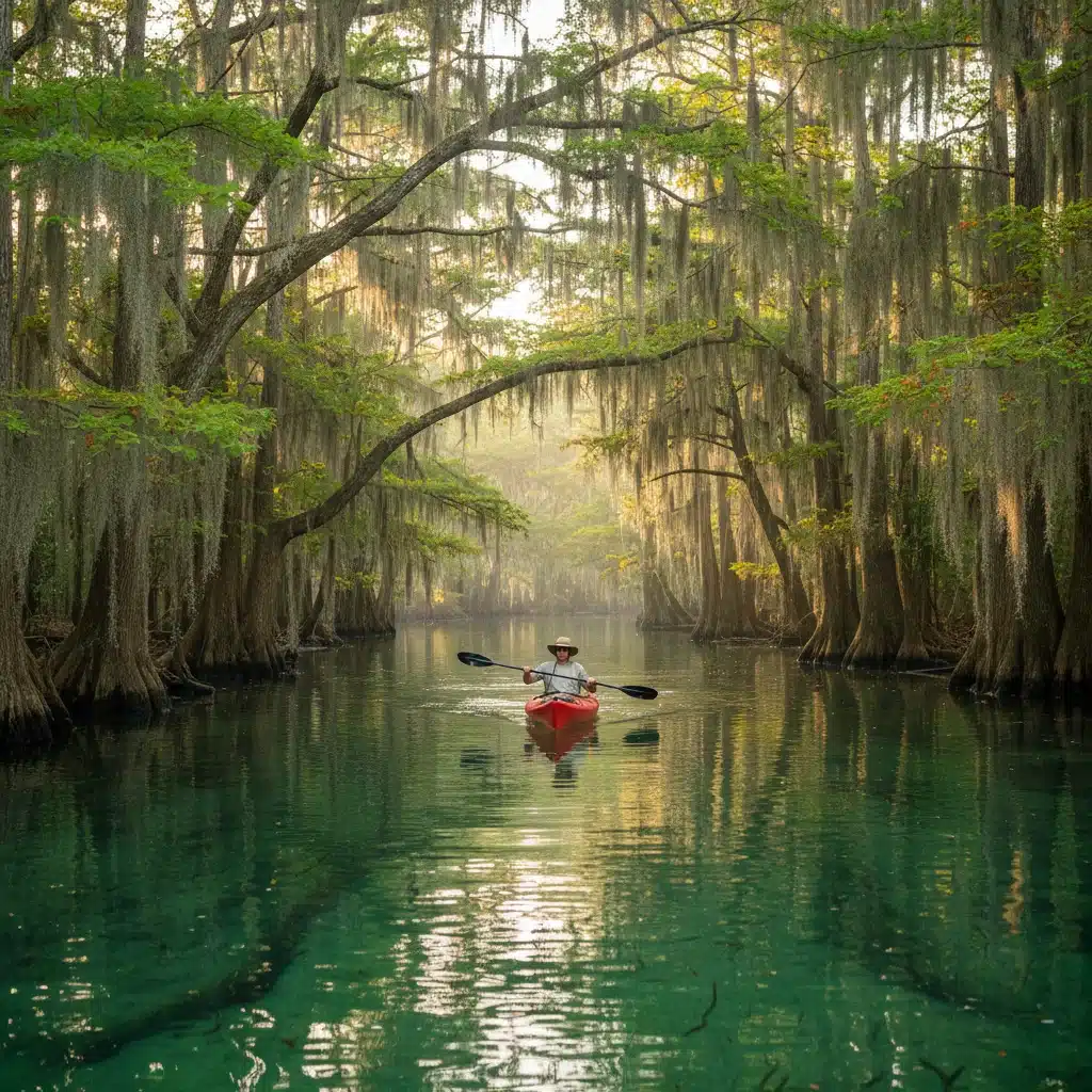 Kayaker exploring a serene bayou in a hidden US destination