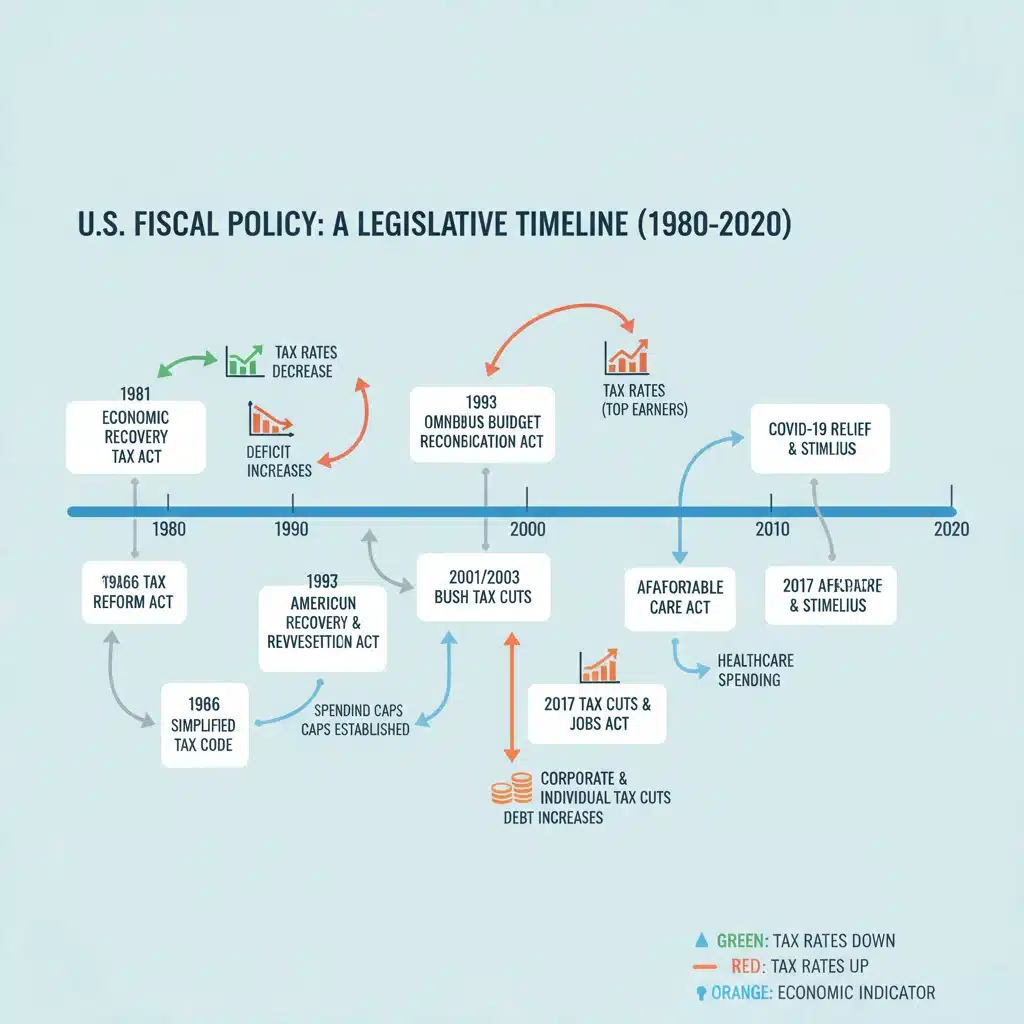 Infographic detailing legislative actions and economic impacts of US fiscal policy