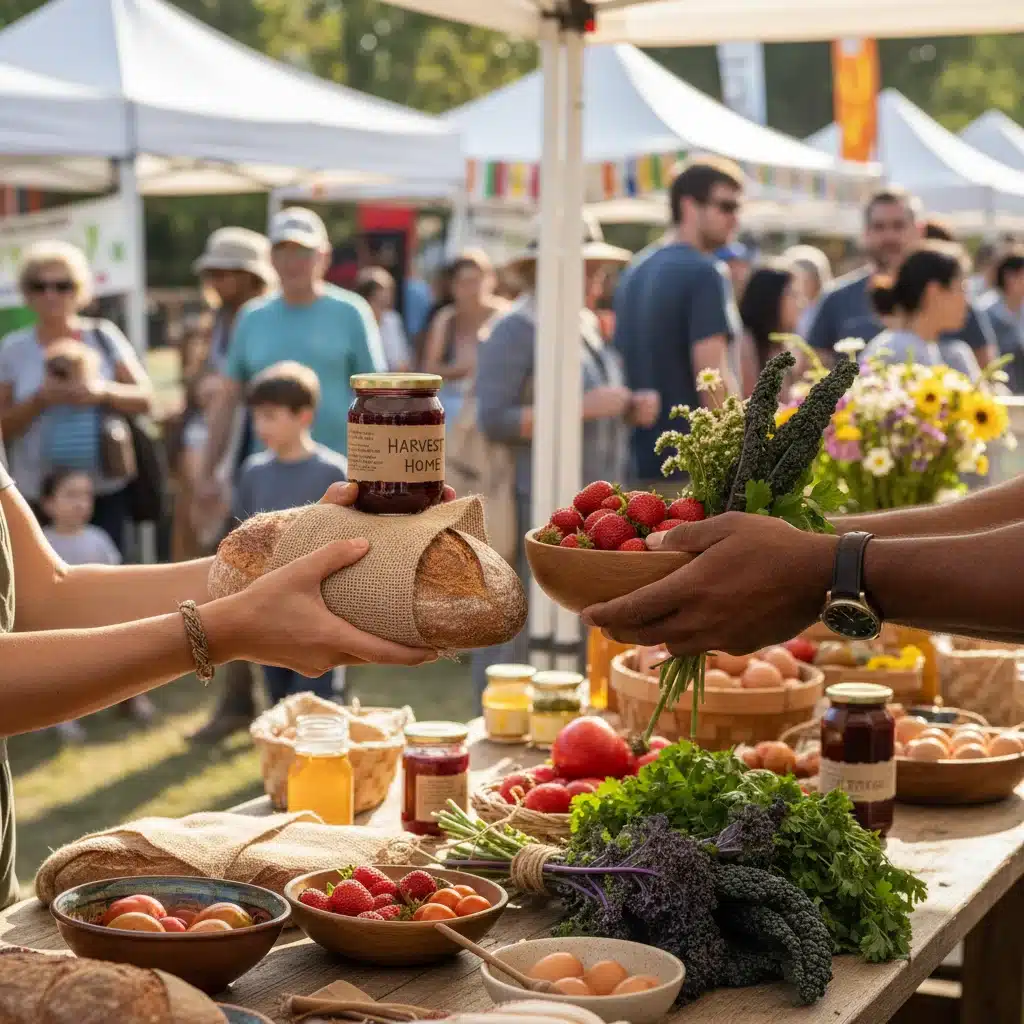 Hands exchanging local artisanal goods at a vibrant US farmers market