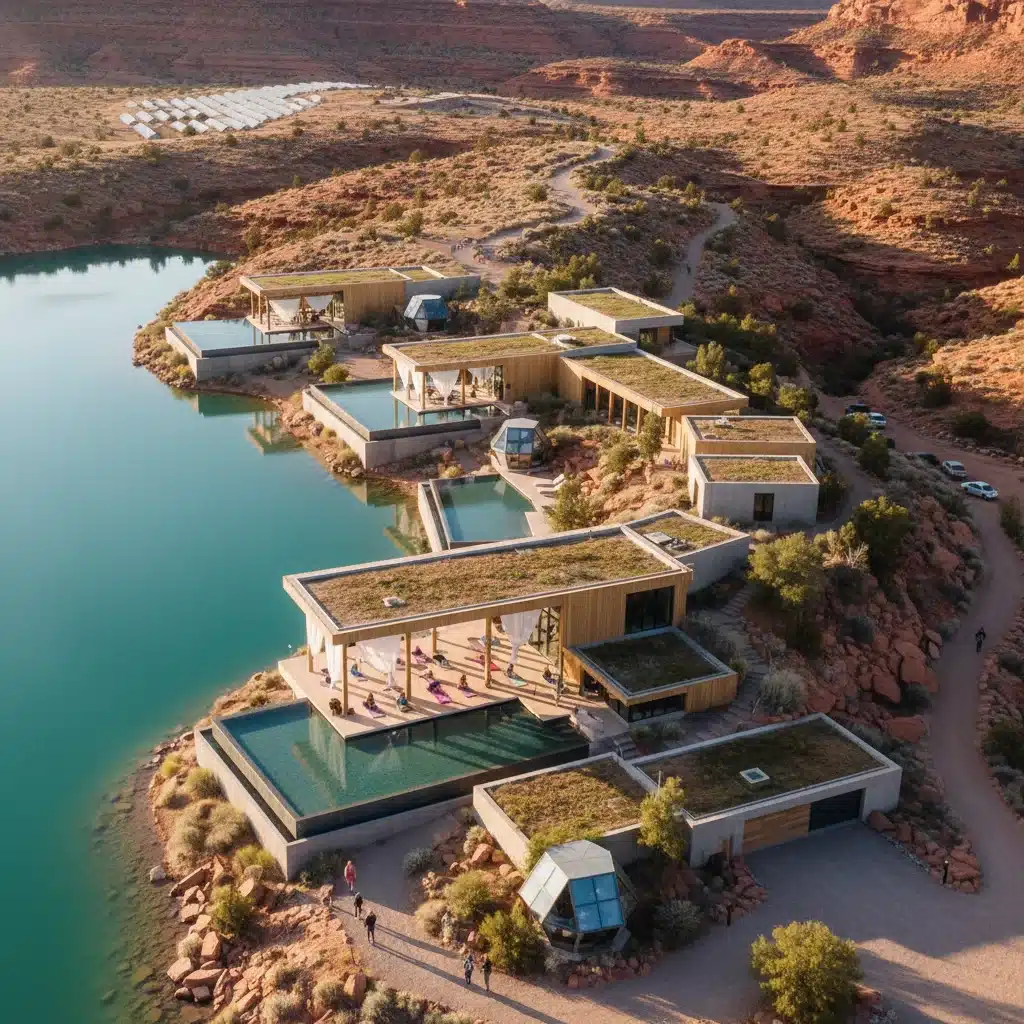 Luxurious wellness retreat architecture blending with natural surroundings, showcasing outdoor activities.
