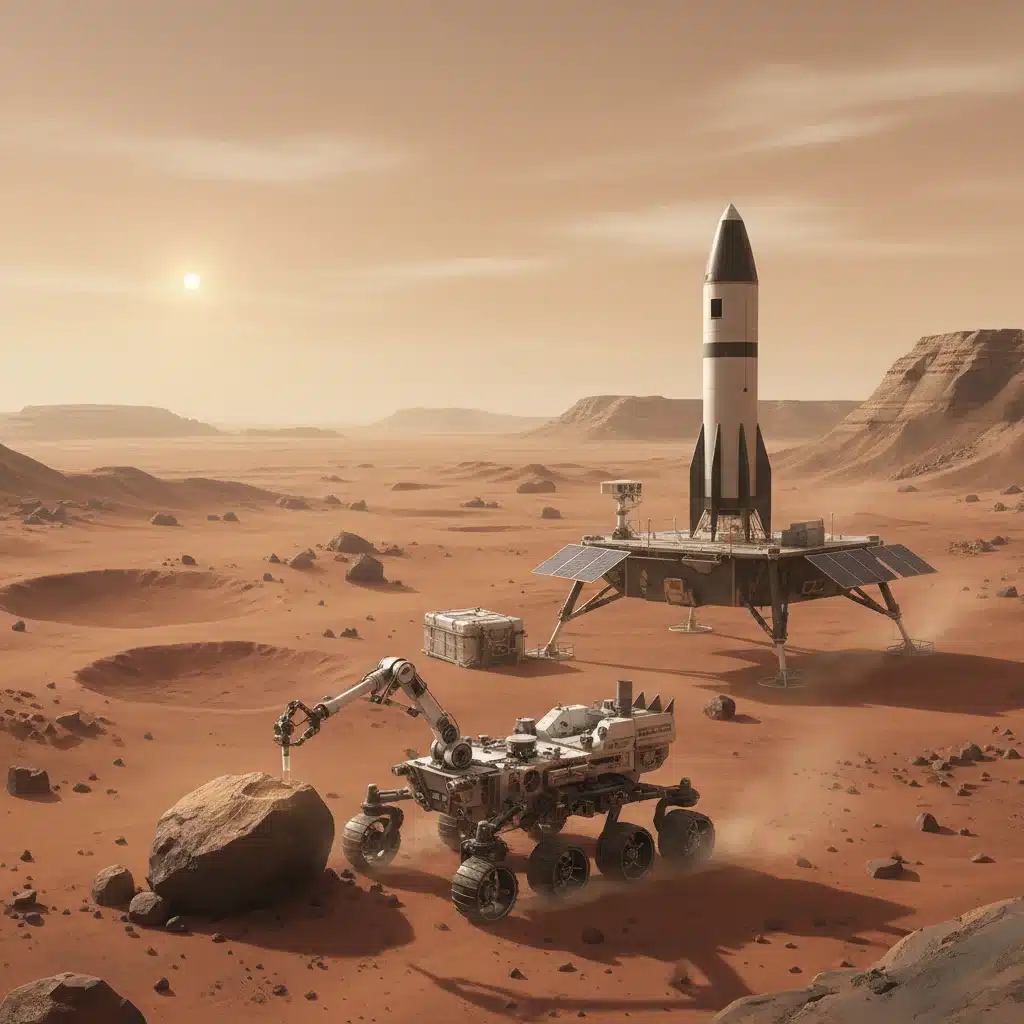 Mars Sample Return mission concept with rover and lander on red Martian surface