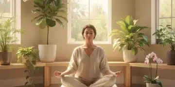 Person meditating peacefully in a bright, tranquil room, embodying mindful living and stress reduction.